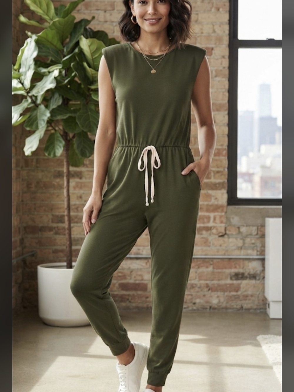 Sleeveless Olive Drawstring Waist Jumpsuit New but without tags